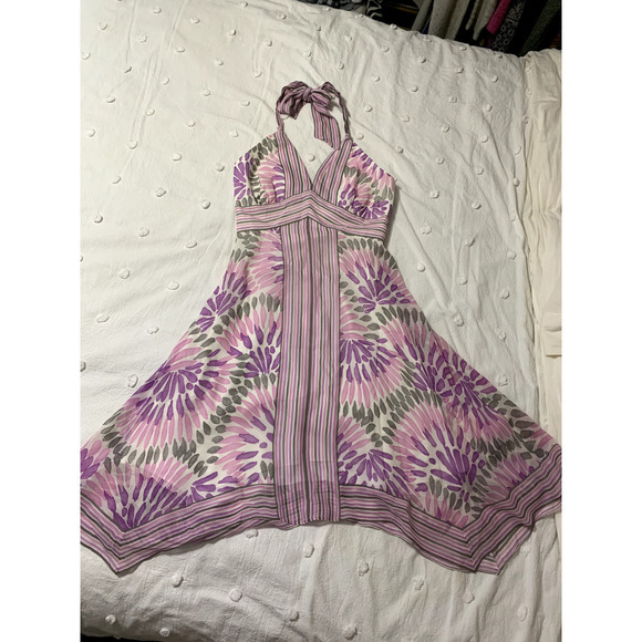 BCBG Max Azria Halter Dress Sz 2 Pink Purple Gray Medalion Silk Handkerchief Hem - Picture 2 of 10